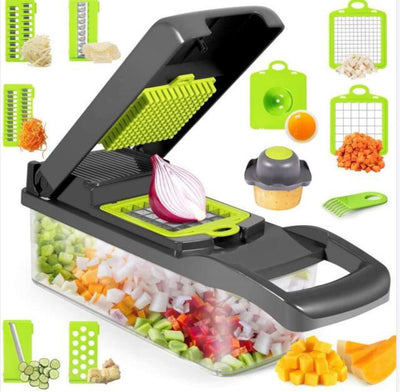 A sleek and modern Vegetable Chopper Slicer set displayed on a kitchen countertop. The set includes a drainage basket as well as 12 pieces, featuring a variety of dicing, chopping, and slicing blade attachments, providing essential tools for meal preparation.