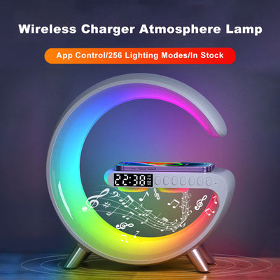 Alt Text: "Image Description: A multifunctional Bluetooth Speaker Wireless Charger Lamp in black, light gray, white, blue, green, or pink. Its American-style design stands 22.5 centimeters tall, 8.2 centimeters wide, and 23 centimeters long. Comes with Wireless Charger Atmosphere Lamp."